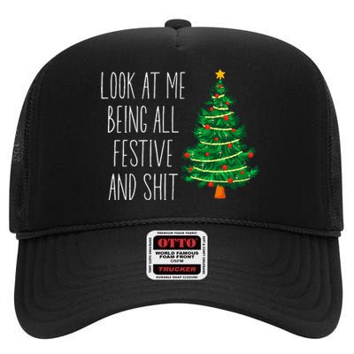 Funny Vintage Xmas Look At Me Being All Festive And Shit High Crown Mesh Back Trucker Hat