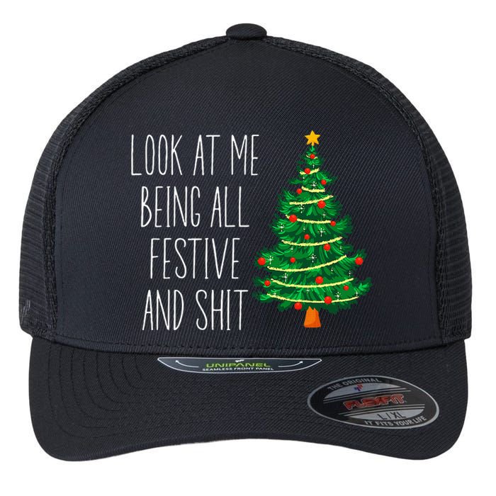 Funny Vintage Xmas Look At Me Being All Festive And Shit Flexfit Unipanel Trucker Cap