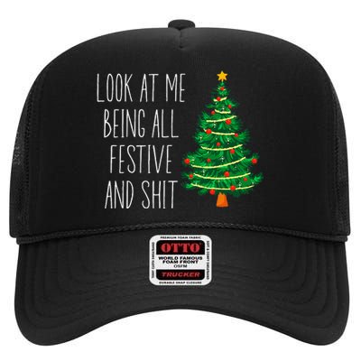 Funny Vintage Xmas Look At Me Being All Festive And Shit High Crown Mesh Back Trucker Hat