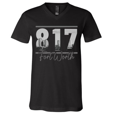 Fort Worth 817 Area Code Skyline Texas Pride Vintage V-Neck T-Shirt