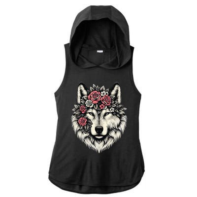 Floral Wolf Animal Cute Botanical Wolf Flowers Wolf Lovers Ladies PosiCharge Tri-Blend Wicking Draft Hoodie Tank