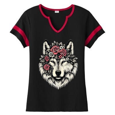 Floral Wolf Animal Cute Botanical Wolf Flowers Wolf Lovers Ladies Halftime Notch Neck Tee