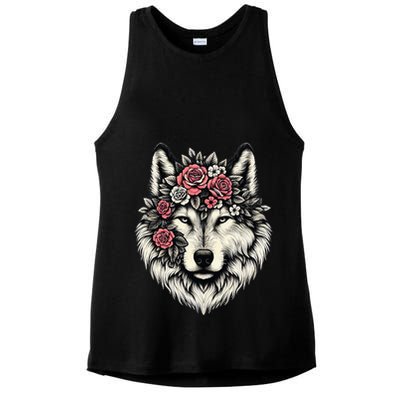 Floral Wolf Animal Cute Botanical Wolf Flowers Wolf Lovers Ladies PosiCharge Tri-Blend Wicking Tank