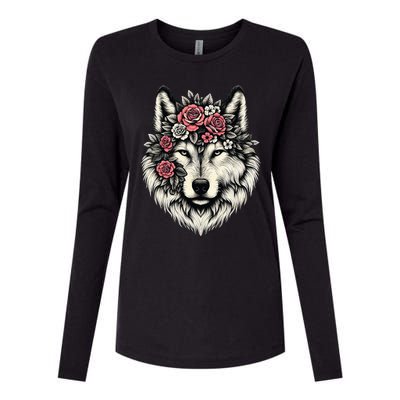 Floral Wolf Animal Cute Botanical Wolf Flowers Wolf Lovers Womens Cotton Relaxed Long Sleeve T-Shirt