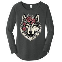 Floral Wolf Animal Cute Botanical Wolf Flowers Wolf Lovers Women's Perfect Tri Tunic Long Sleeve Shirt