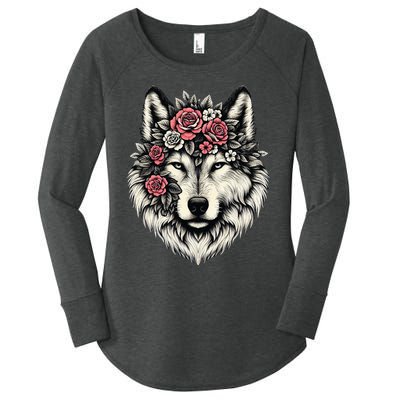 Floral Wolf Animal Cute Botanical Wolf Flowers Wolf Lovers Women's Perfect Tri Tunic Long Sleeve Shirt