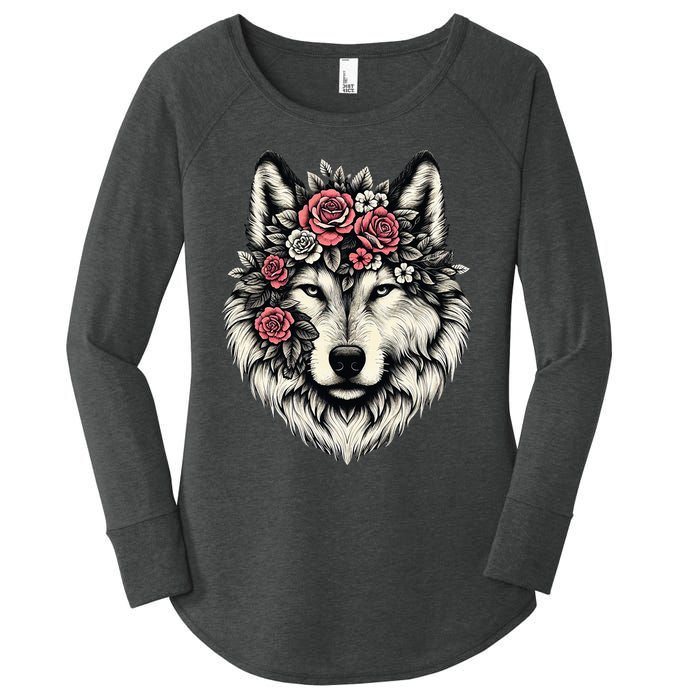 Floral Wolf Animal Cute Botanical Wolf Flowers Wolf Lovers Women's Perfect Tri Tunic Long Sleeve Shirt