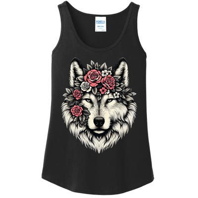 Floral Wolf Animal Cute Botanical Wolf Flowers Wolf Lovers Ladies Essential Tank