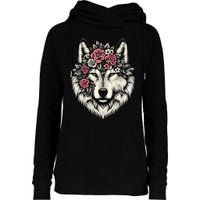 Floral Wolf Animal Cute Botanical Wolf Flowers Wolf Lovers Womens Funnel Neck Pullover Hood