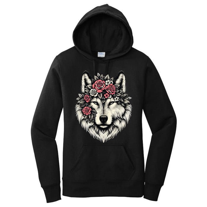 Floral Wolf Animal Cute Botanical Wolf Flowers Wolf Lovers Women's Pullover Hoodie