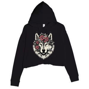 Floral Wolf Animal Cute Botanical Wolf Flowers Wolf Lovers Crop Fleece Hoodie