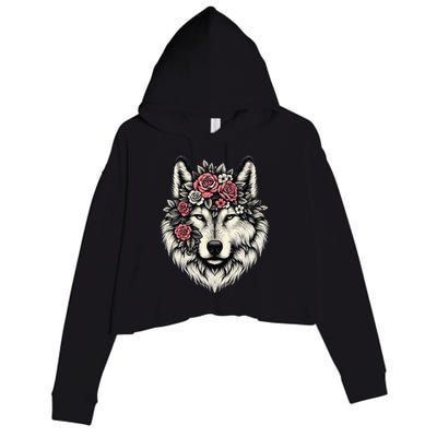 Floral Wolf Animal Cute Botanical Wolf Flowers Wolf Lovers Crop Fleece Hoodie