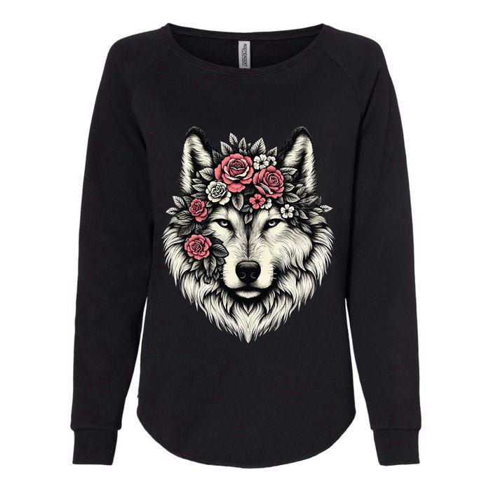 Floral Wolf Animal Cute Botanical Wolf Flowers Wolf Lovers Womens California Wash Sweatshirt