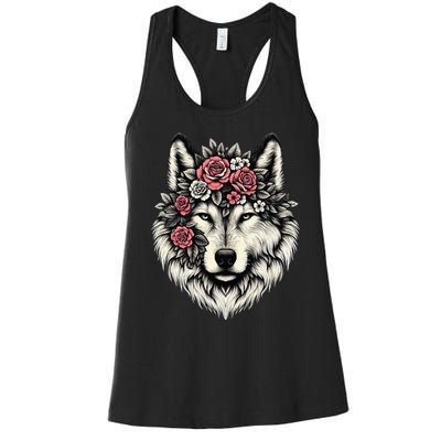 Floral Wolf Animal Cute Botanical Wolf Flowers Wolf Lovers Women's Racerback Tank