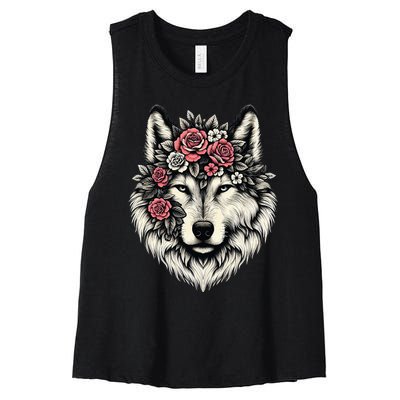 Floral Wolf Animal Cute Botanical Wolf Flowers Wolf Lovers Women's Racerback Cropped Tank