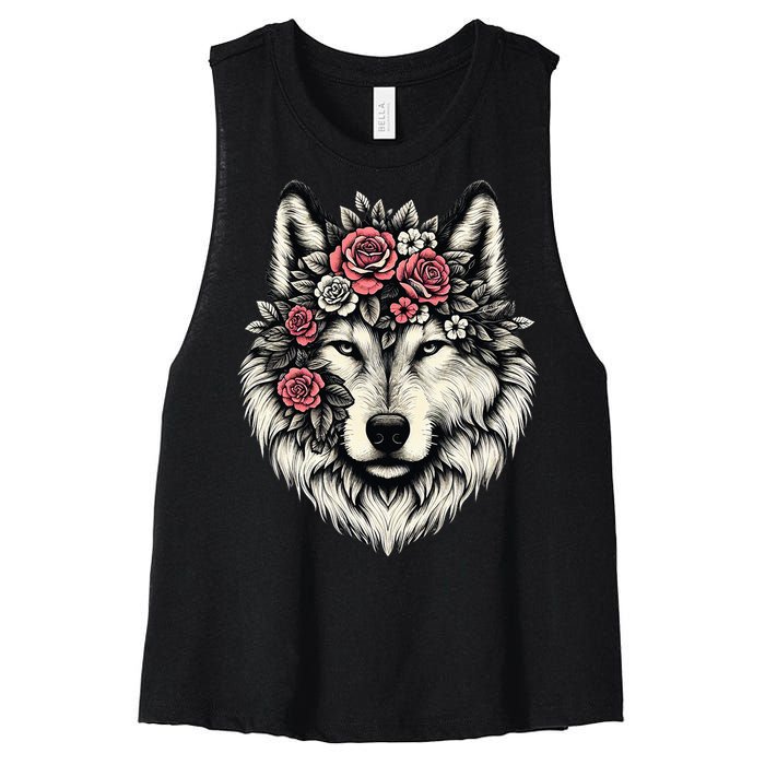 Floral Wolf Animal Cute Botanical Wolf Flowers Wolf Lovers Women's Racerback Cropped Tank