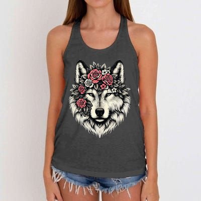 Floral Wolf Animal Cute Botanical Wolf Flowers Wolf Lovers Women's Knotted Racerback Tank