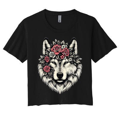 Floral Wolf Animal Cute Botanical Wolf Flowers Wolf Lovers Women's Crop Top Tee