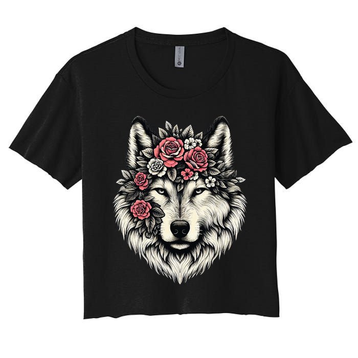 Floral Wolf Animal Cute Botanical Wolf Flowers Wolf Lovers Women's Crop Top Tee