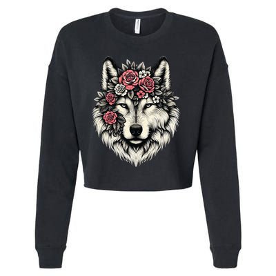 Floral Wolf Animal Cute Botanical Wolf Flowers Wolf Lovers Cropped Pullover Crew