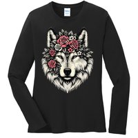 Floral Wolf Animal Cute Botanical Wolf Flowers Wolf Lovers Ladies Long Sleeve Shirt