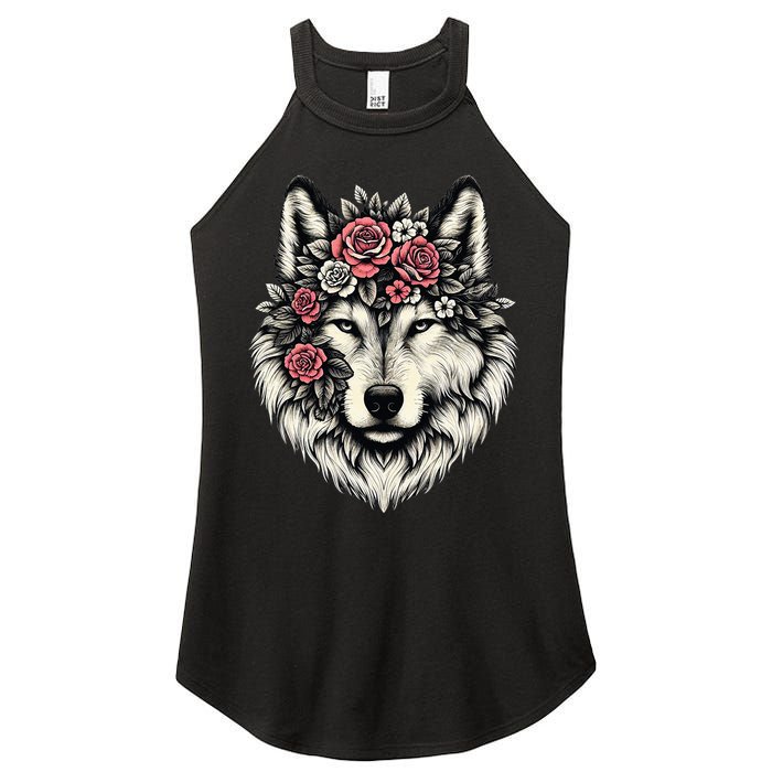 Floral Wolf Animal Cute Botanical Wolf Flowers Wolf Lovers Women's Perfect Tri Rocker Tank