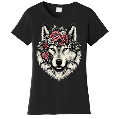 Floral Wolf Animal Cute Botanical Wolf Flowers Wolf Lovers Women's T-Shirt