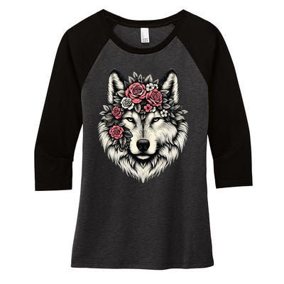 Floral Wolf Animal Cute Botanical Wolf Flowers Wolf Lovers Women's Tri-Blend 3/4-Sleeve Raglan Shirt