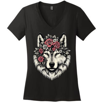 Floral Wolf Animal Cute Botanical Wolf Flowers Wolf Lovers Women's V-Neck T-Shirt