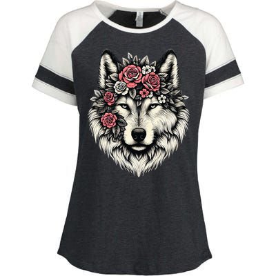 Floral Wolf Animal Cute Botanical Wolf Flowers Wolf Lovers Enza Ladies Jersey Colorblock Tee