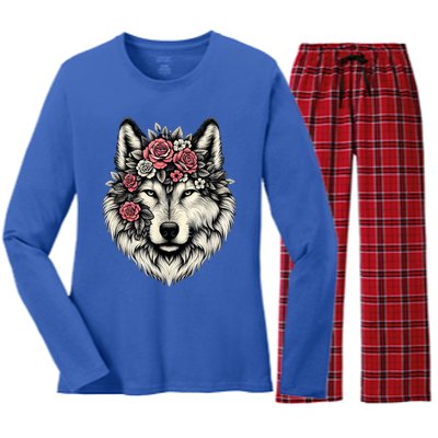 Floral Wolf Animal Cute Botanical Wolf Flowers Wolf Lovers Women's Long Sleeve Flannel Pajama Set 