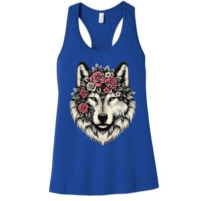 Floral Wolf Animal Cute Botanical Wolf Flowers Wolf Lovers Women's Racerback Tank