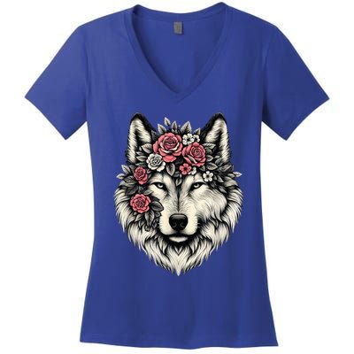 Floral Wolf Animal Cute Botanical Wolf Flowers Wolf Lovers Women's V-Neck T-Shirt