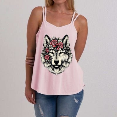 Floral Wolf Animal Cute Botanical Wolf Flowers Wolf Lovers Women's Strappy Tank