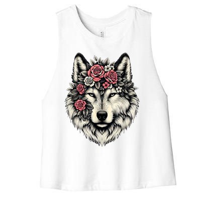 Floral Wolf Animal Cute Botanical Wolf Flowers Wolf Lovers Women's Racerback Cropped Tank