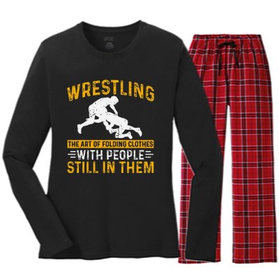 Funny Wrestling Art Of Folding Clothes With People In Them Women's Long Sleeve Flannel Pajama Set 