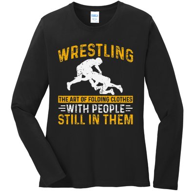 Funny Wrestling Art Of Folding Clothes With People In Them Ladies Long Sleeve Shirt