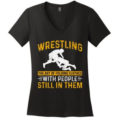 Funny Wrestling Art Of Folding Clothes With People In Them Women's V-Neck T-Shirt