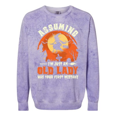 Funny Witch Assuming Im Just An Old Lady Halloween Humor Colorblast Crewneck Sweatshirt