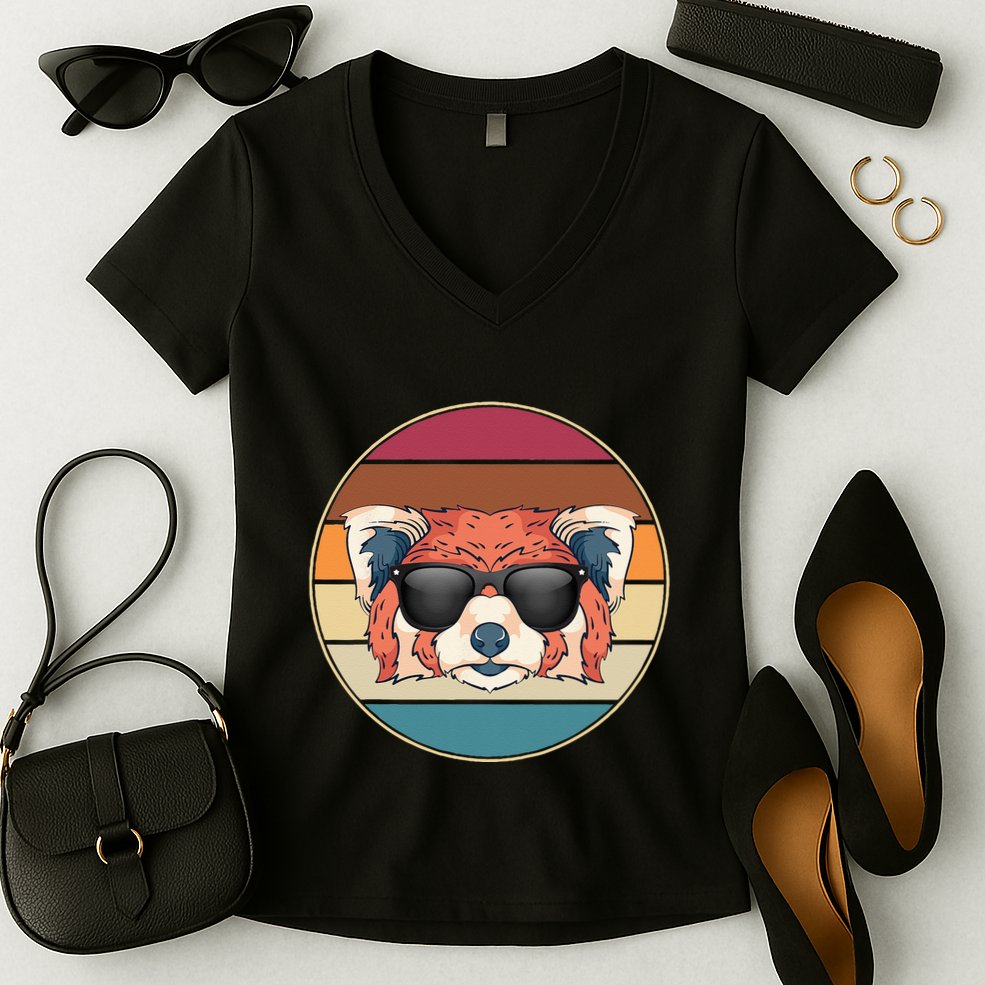 Funny Wild Animal Zoo Keeper Gift Retro Sunglasses Red Panda Women's V-Neck T-Shirt
