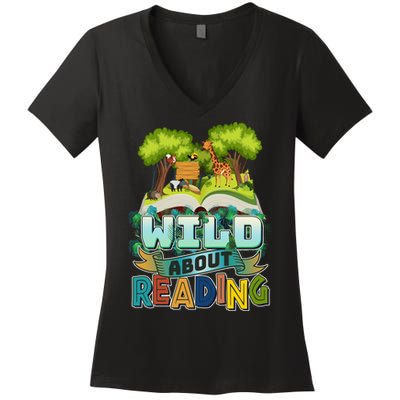 Funny Wild About Reading Book Lover Reading Fan Women's V-Neck T-Shirt