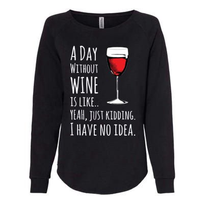 Funny Wines A Day Without Wine Is Like Just Kidding Womens California Wash Sweatshirt