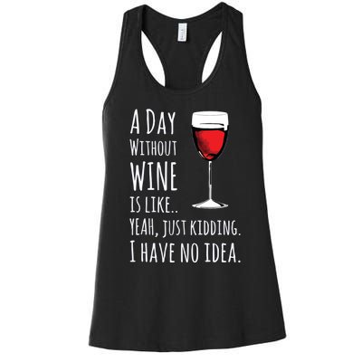 Funny Wines A Day Without Wine Is Like Just Kidding Women's Racerback Tank