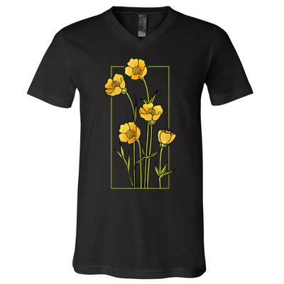 Floral Wildflower Bulbous Crowfoot Buttercup Flower V-Neck T-Shirt