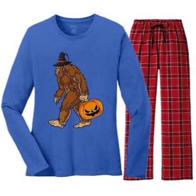 Funny Witch Bigfoot Pumpkin Halloween Costume Women's Long Sleeve Flannel Pajama Set 