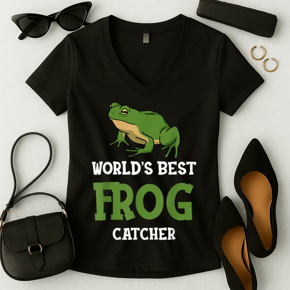 Frog World's Best Frog Catcher Boys Girls Frog Hunter Women's V-Neck T-Shirt