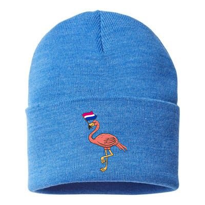 Flamingo With Bisexual Pride Flag Funny Gift Sustainable Knit Beanie