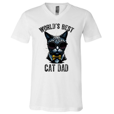 Funny WORLDS BEST CAT DAD V-Neck T-Shirt