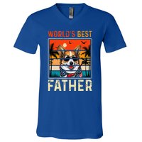 funny worlds best father retro fathers day dog dad V-Neck T-Shirt