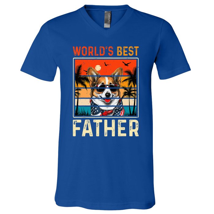 funny worlds best father retro fathers day dog dad V-Neck T-Shirt